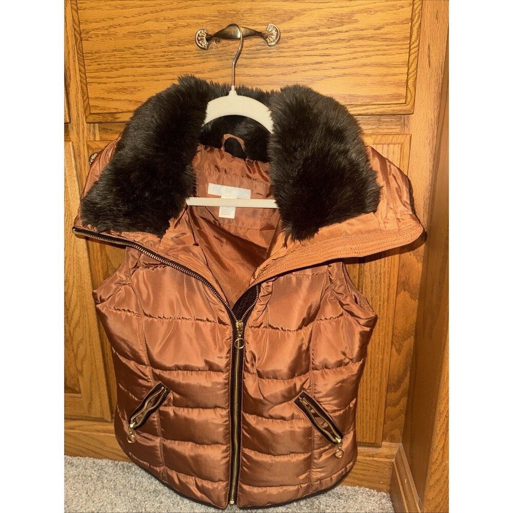 Old Money H&M cognac Burnt Orange Puffer Vest Fall Faux Fur Collar Full Zip XS
